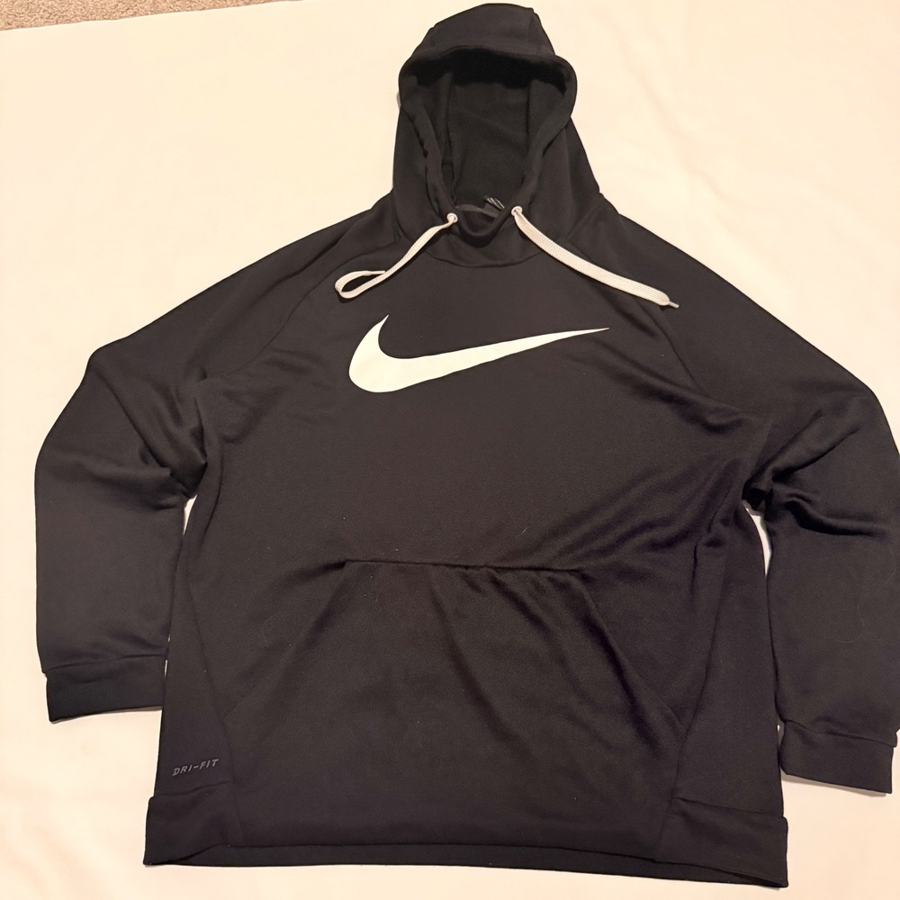 Nike Hoodie Men Large Black Dri-FIT Pullover Big Swoosh Logo Activewear